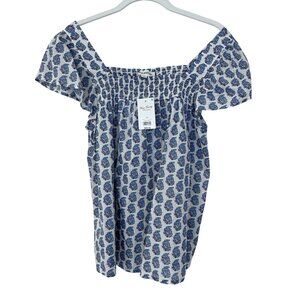 Lucky Brand Womens Smocked Square Neck Paisley Printed Peasant Top NWT Size S